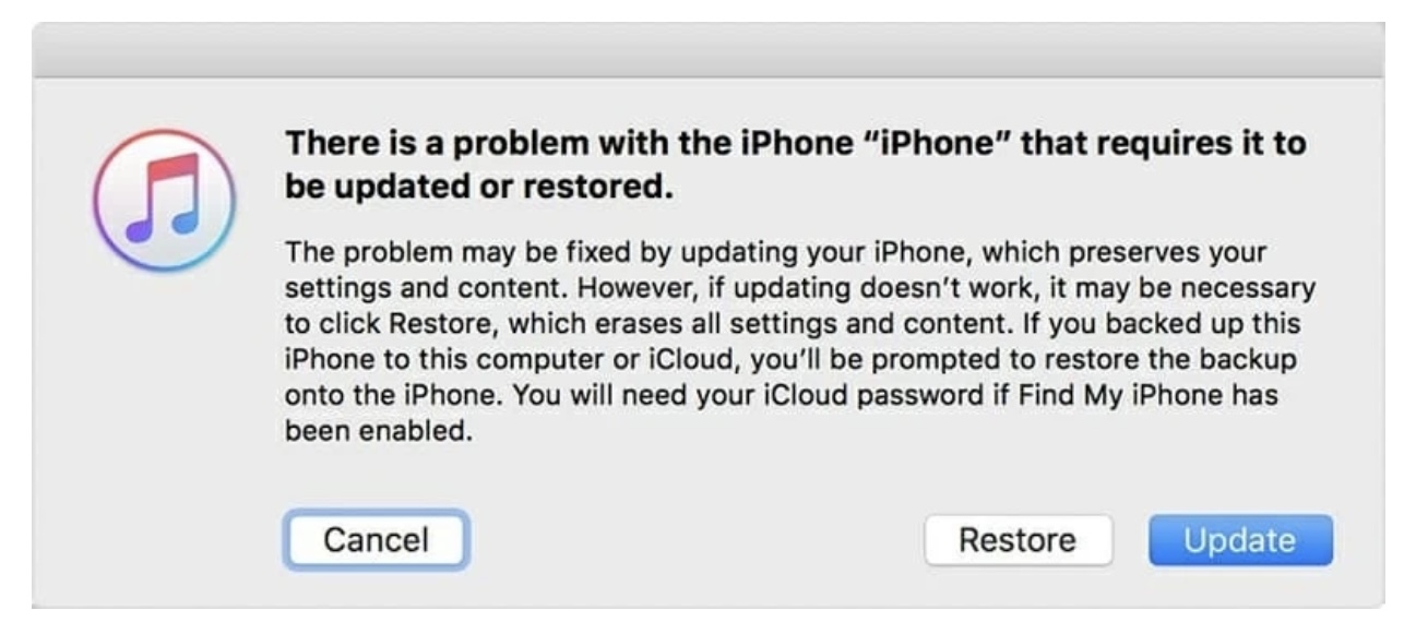 Gráfico que muestra un aviso de advertencia de iTunes de un desbloqueo de iPhone en línea.