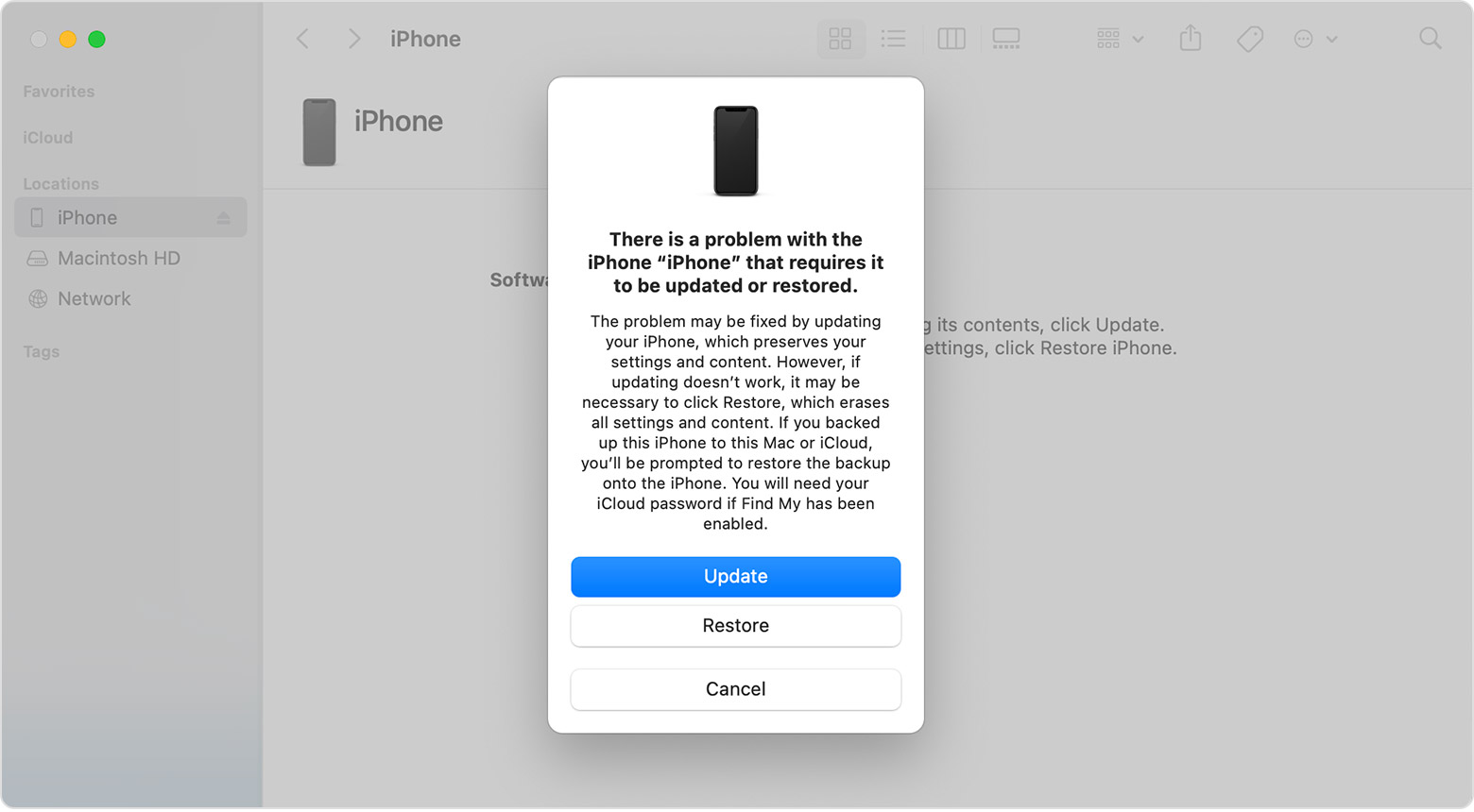 Apple.com warning message displaying how to unlock iPhone 7 without passcode or computer and core update.
