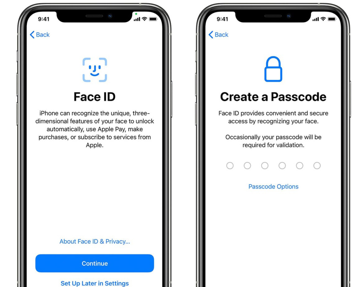 Face ID and Password code screens on a newly unlocked iPhone 12.